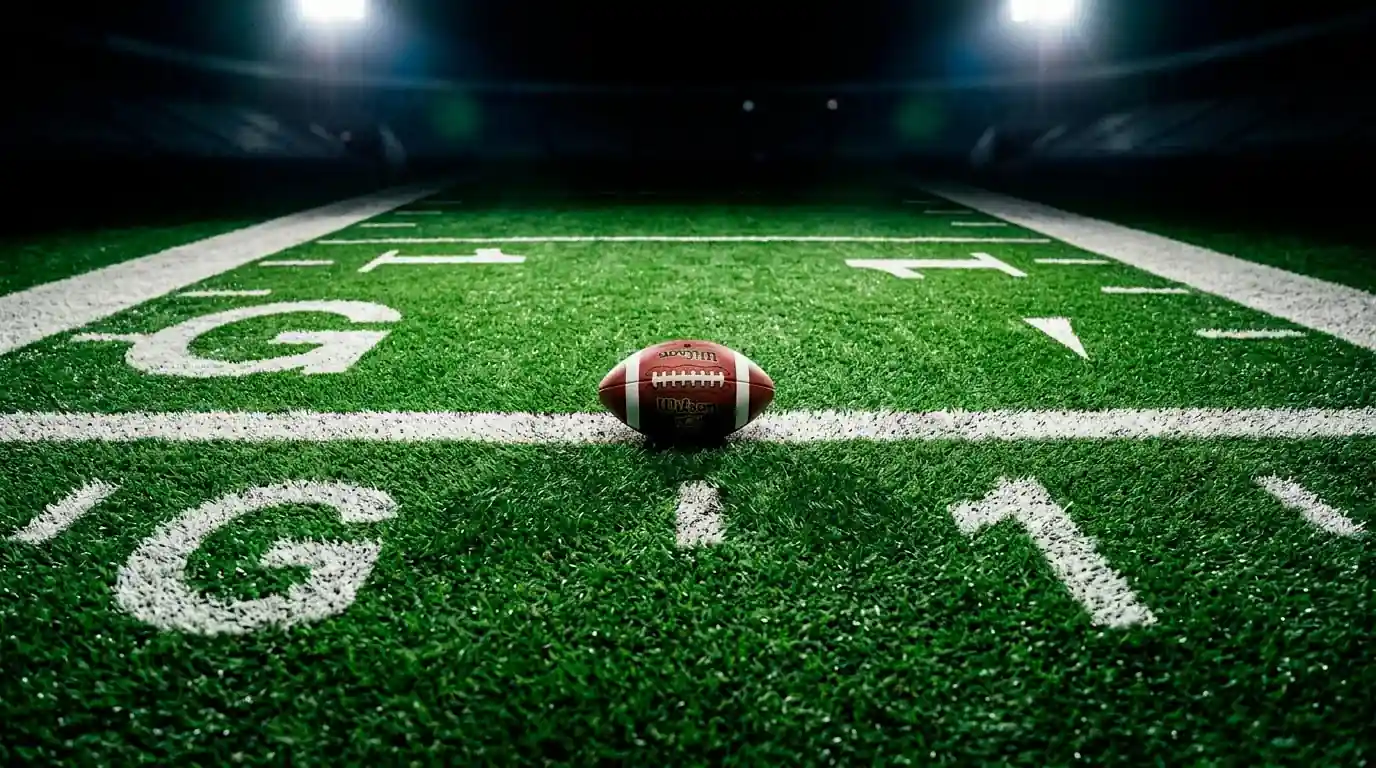 NFL football field red zone under stadium lights at night with yard line markings near the end zone