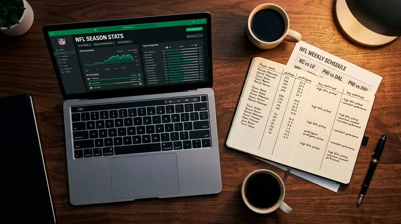 Notebook with handwritten NFL prop bet analysis notes and statistics next to a laptop showing game data