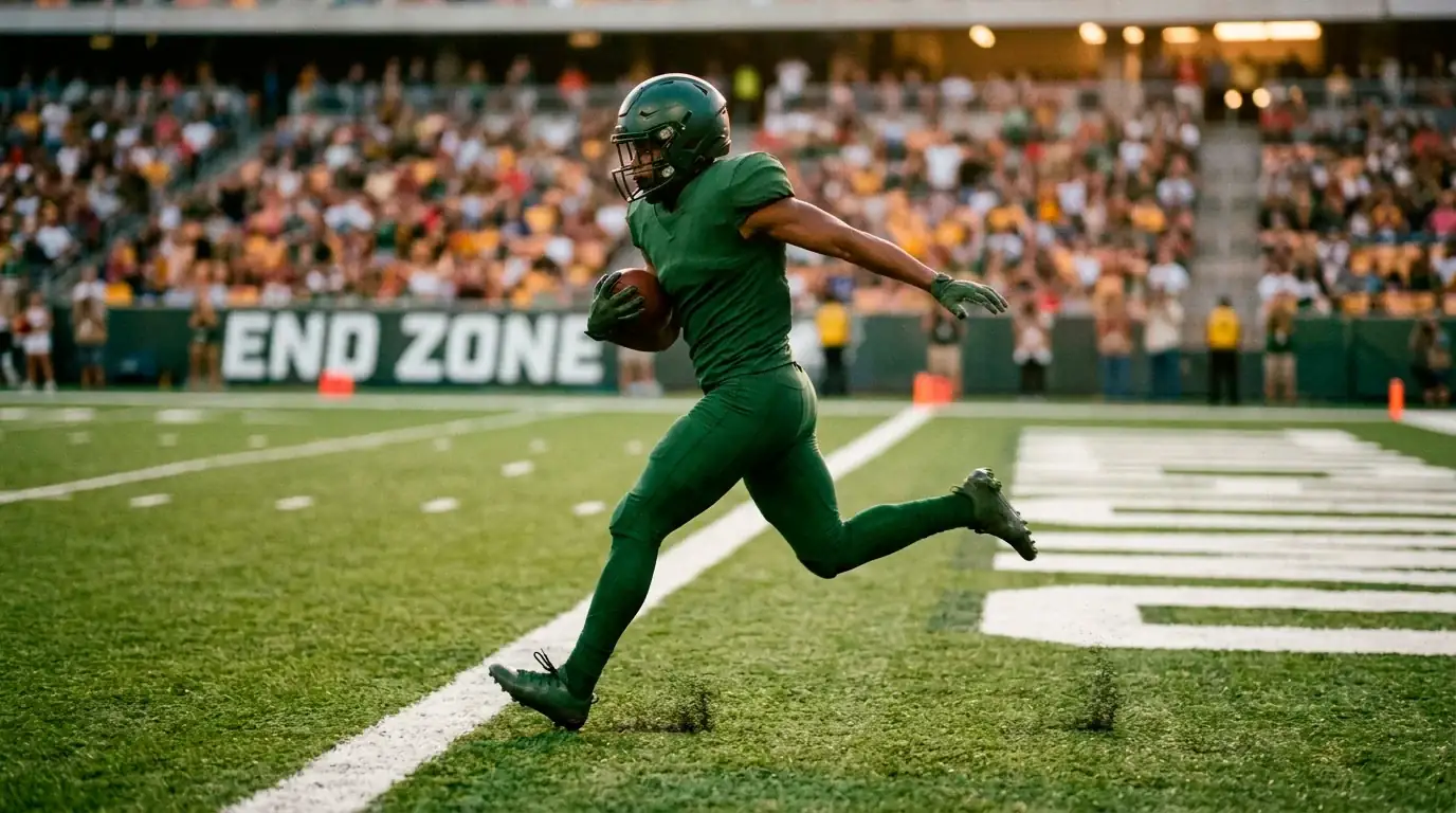 NFL running back crossing the goal line to score a touchdown in the end zone
